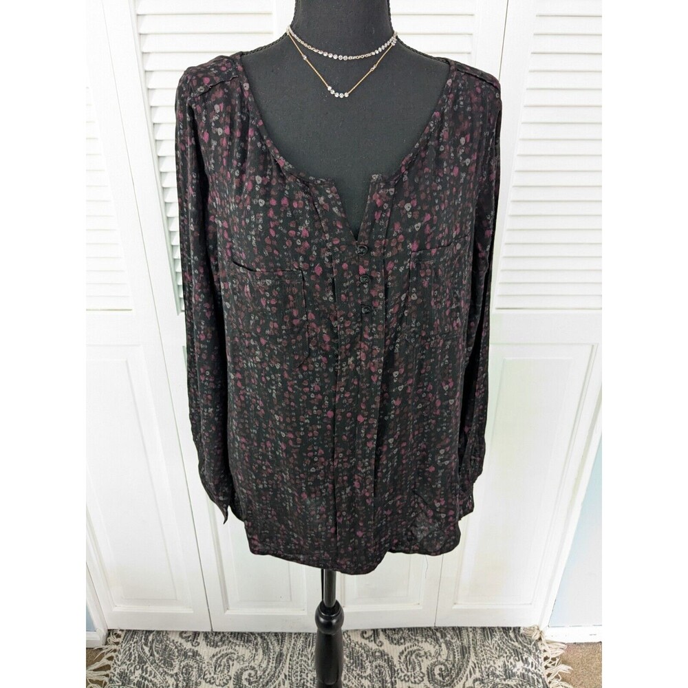 Eddie Bauer Top Women XL Red Black Dotted Long Sleeve Blouse Cottagecore Light